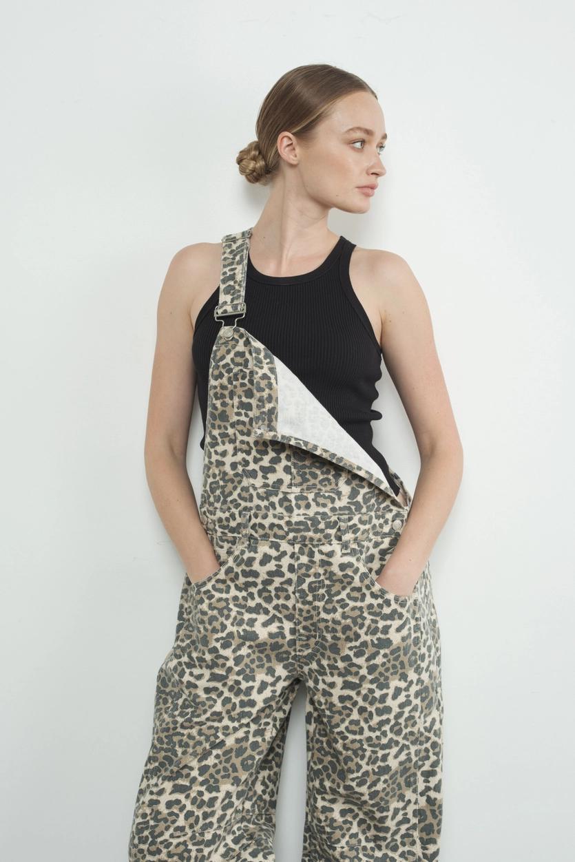 Leopard Print Slouchy Relax Fit Denim Overall