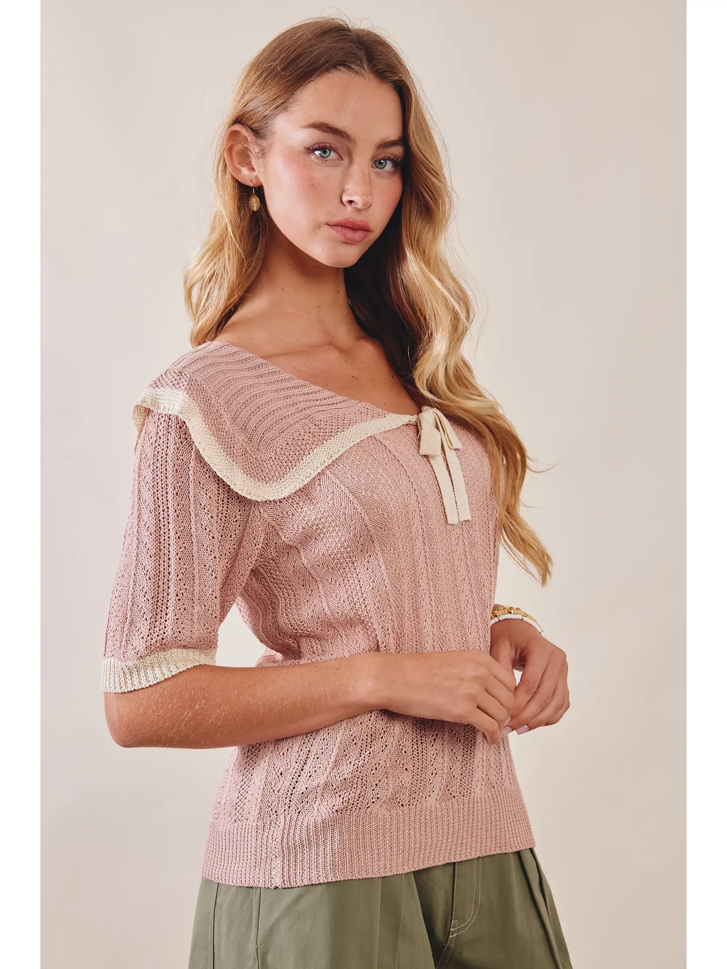 Knit Sailor-Collar Ribbon Top - ROSE LATTE