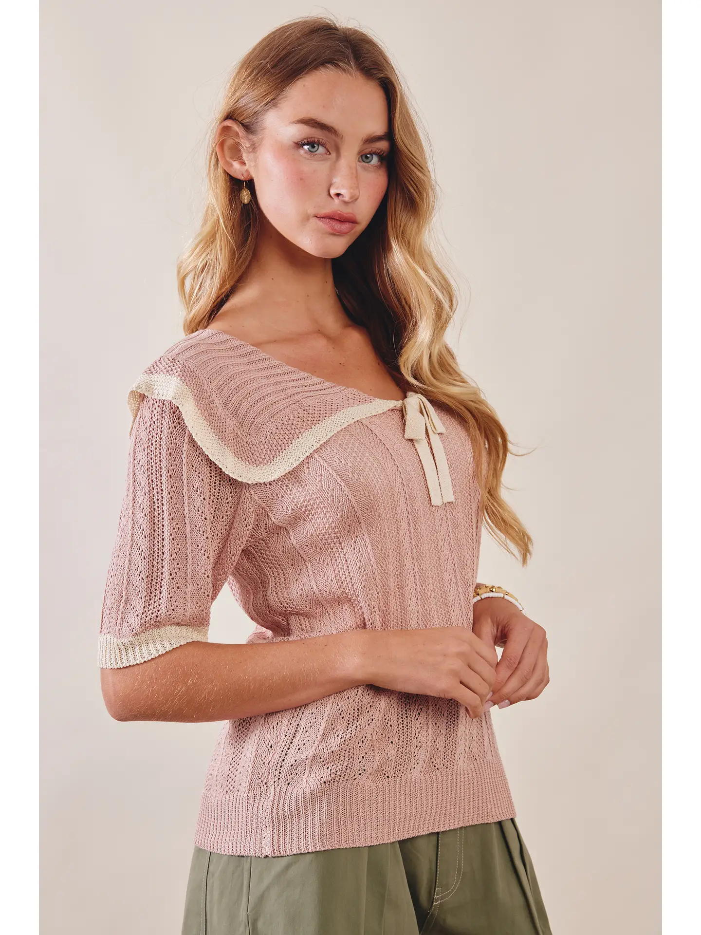 Knit Sailor-Collar Ribbon Top - ROSE LATTE