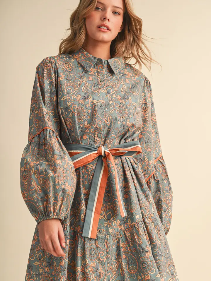 Floral Paisley Button Down Belted Mini Dress - MULTIPLE COLORS