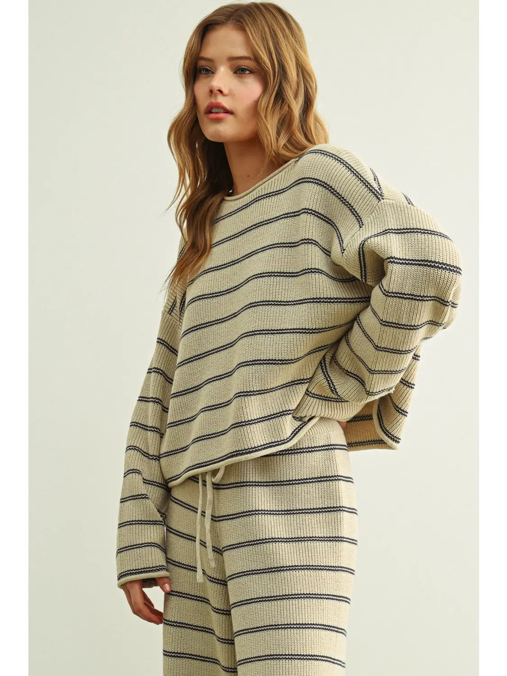 Striped Pattern Long Sleeve Sweater Top - BEIGE/BLUE