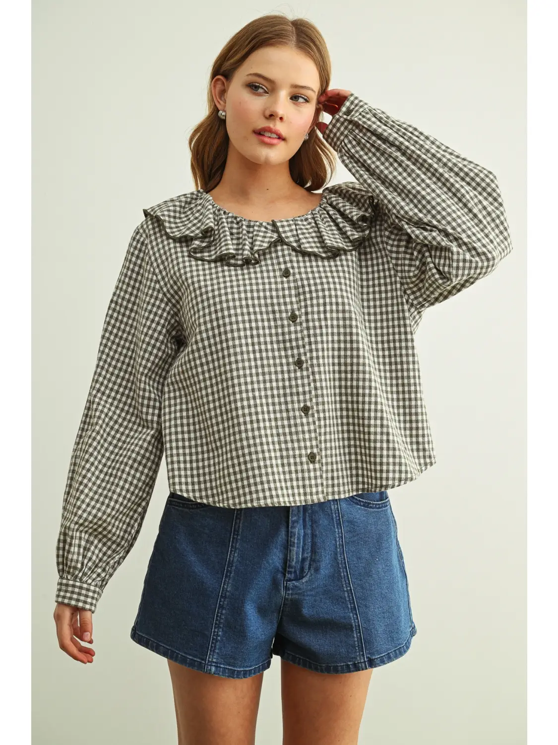 Mini Gingham Ruffled Collar Blouse - OLIVE/WHITE
