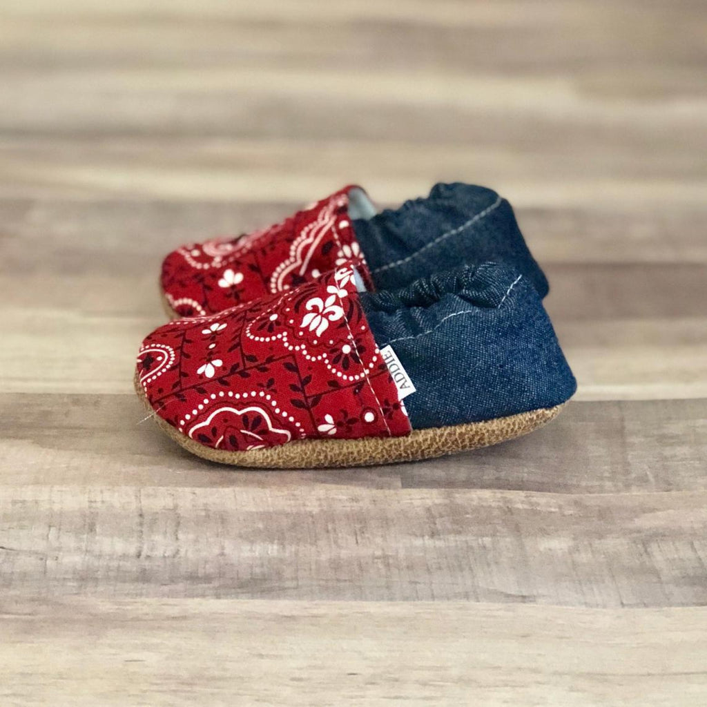 Red Paisley and Denim Moccasins