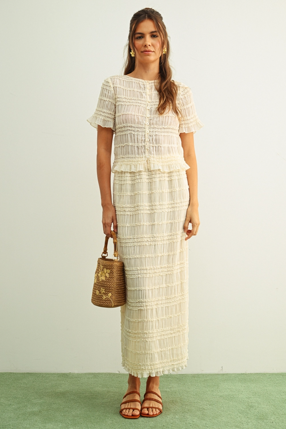Chiffon Panel Detail Skirt - Beige