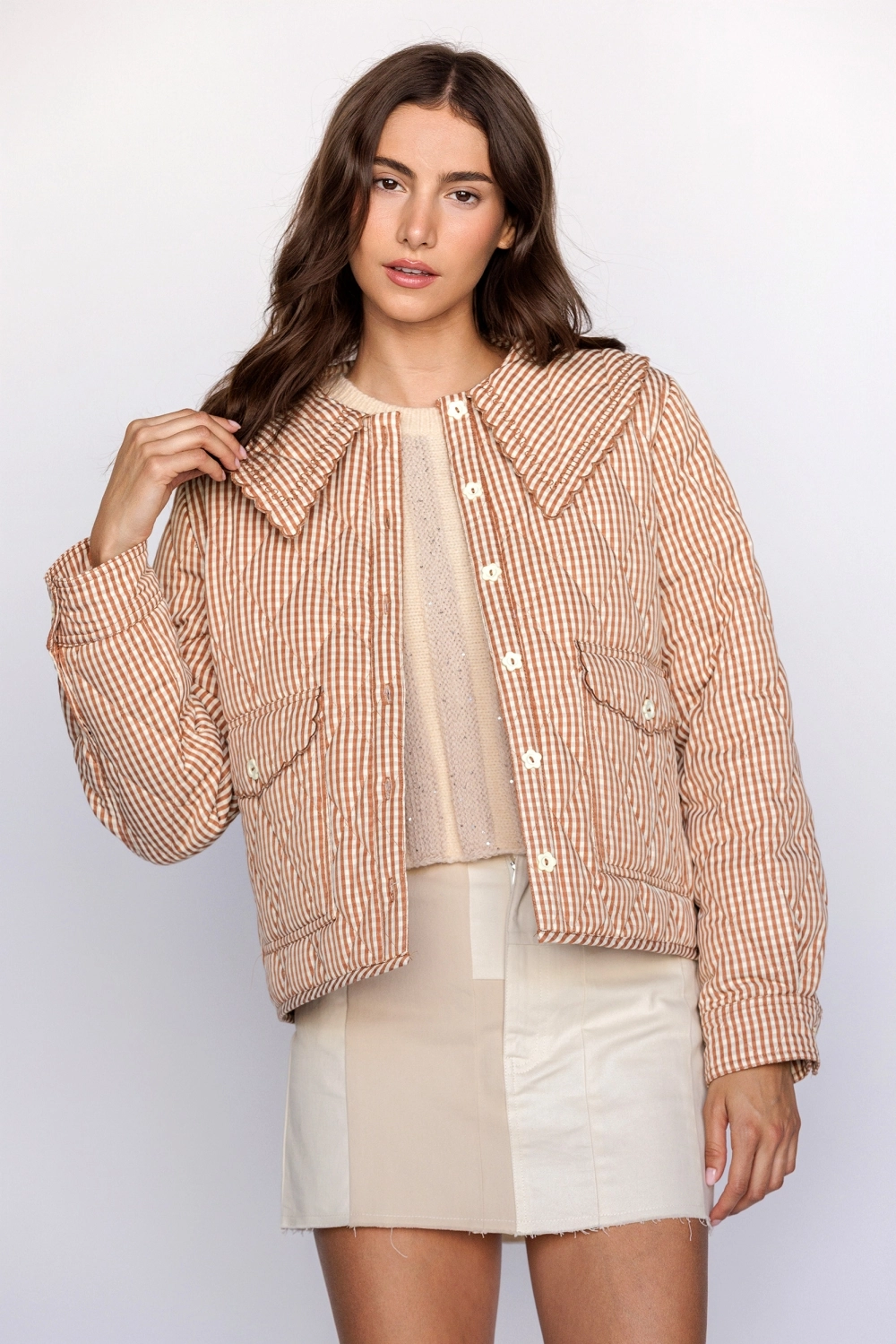 GINGHAM Quilted Jacket - Rust/Cream