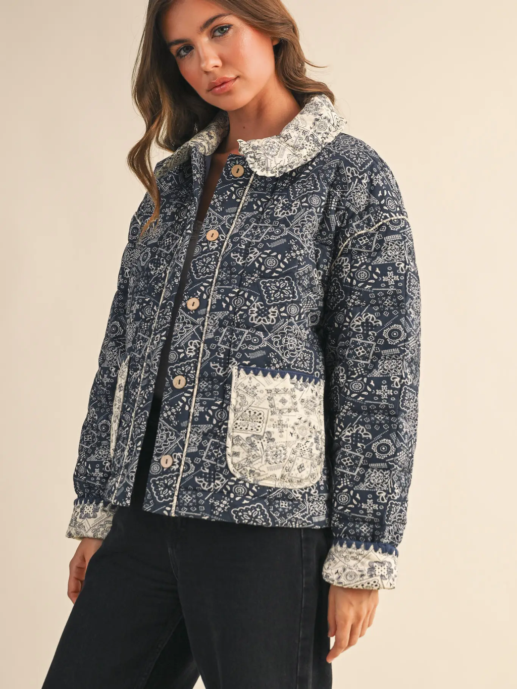 Quilted Bandana Print Jacket - Navy