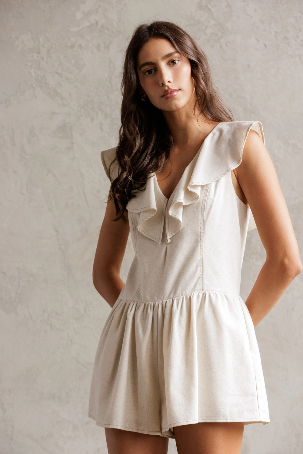 Sleeveless Ruffle Collar Romper - Sand