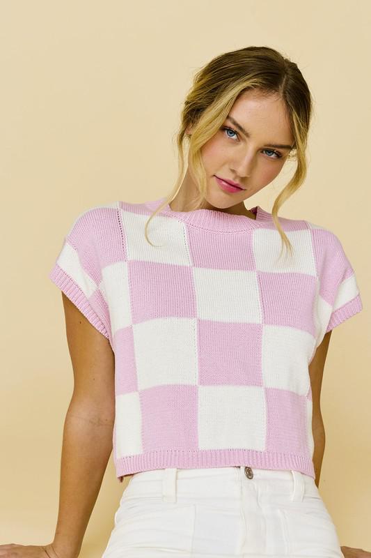 Hannah Loose Fit Checker Knit Top - Pink