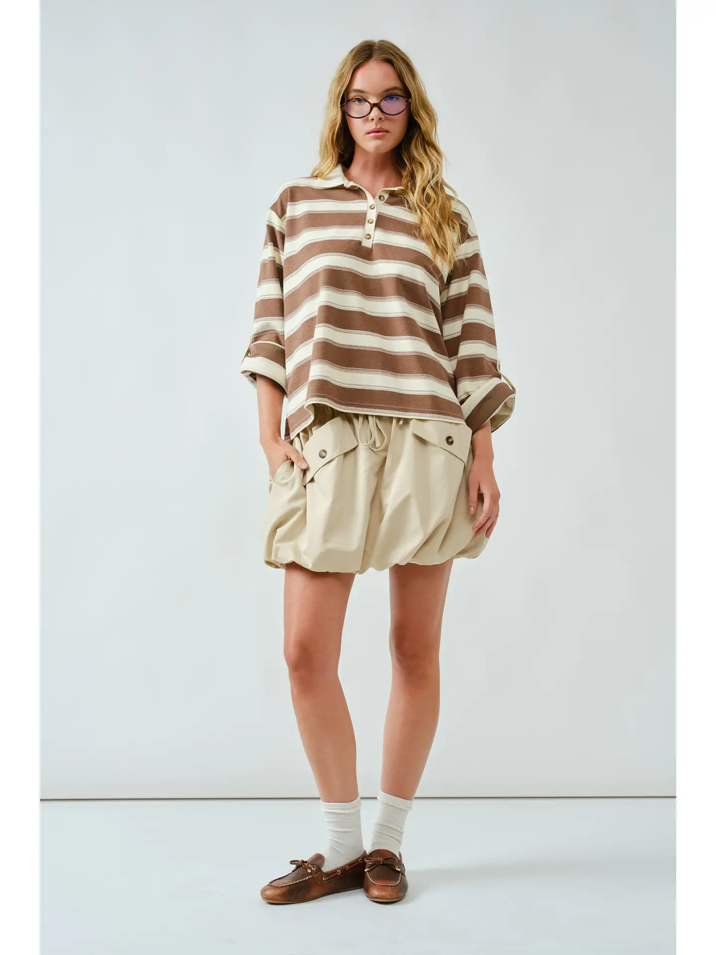 Stripe Polo T Shirt W/Sleeve Adjustable Tab - brown