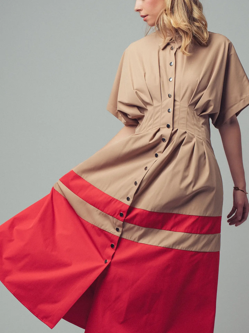Colorblock Button-Up Cotton Midi Dress - CAMEL