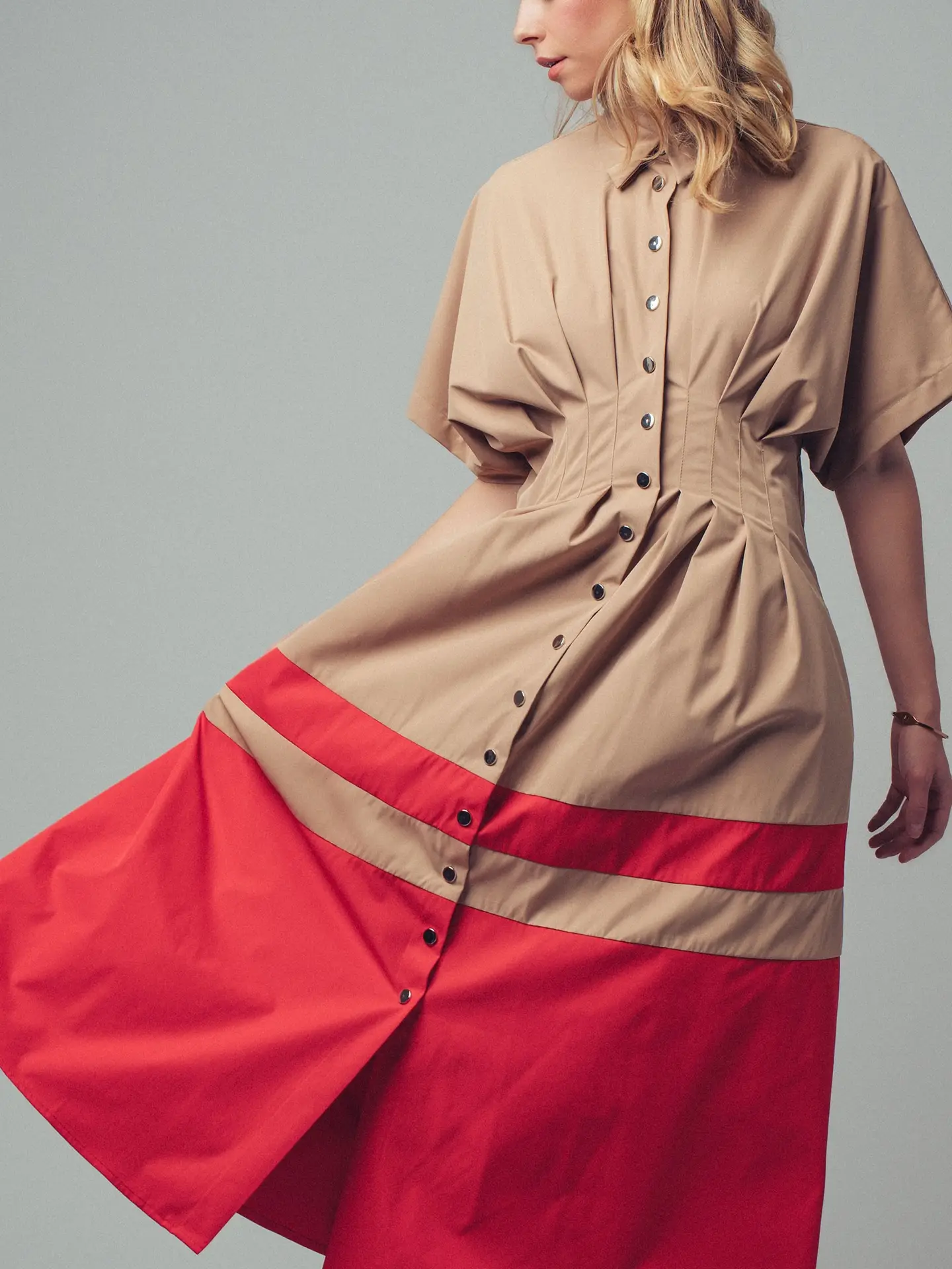 Colorblock Button-Up Cotton Midi Dress - CAMEL