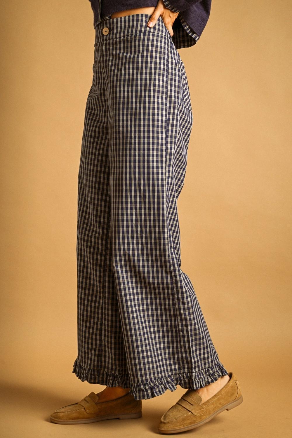 Ruffle Detail with Plaid Fabric Pants - Navy