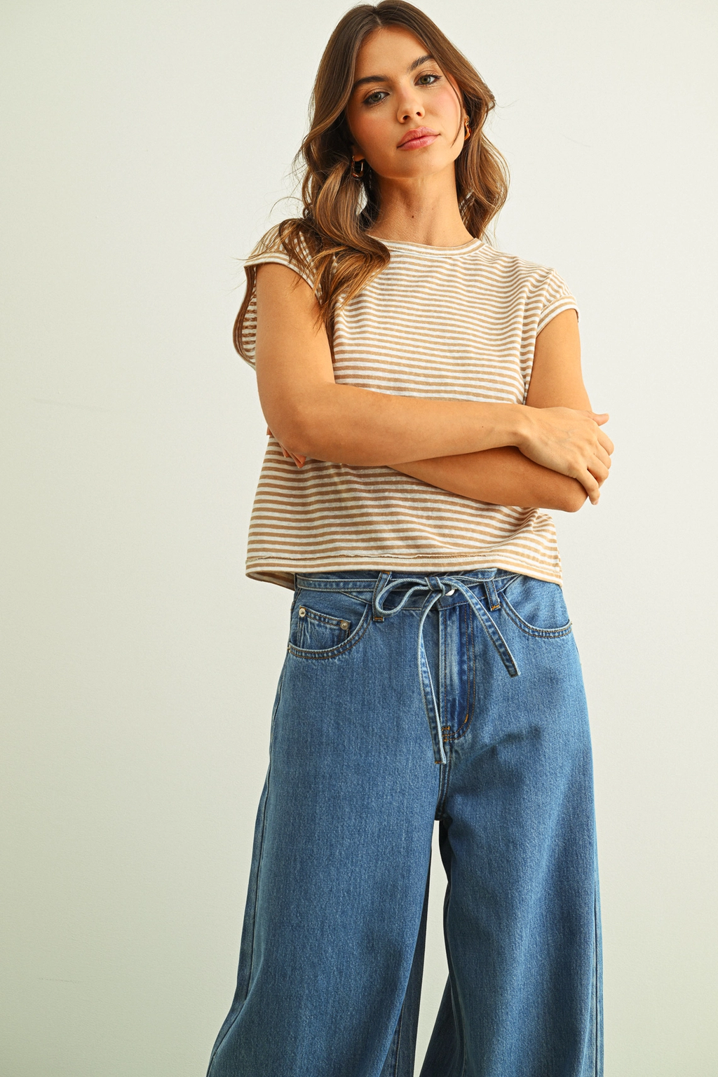 Stripe Pattern Slub Top - White Tan