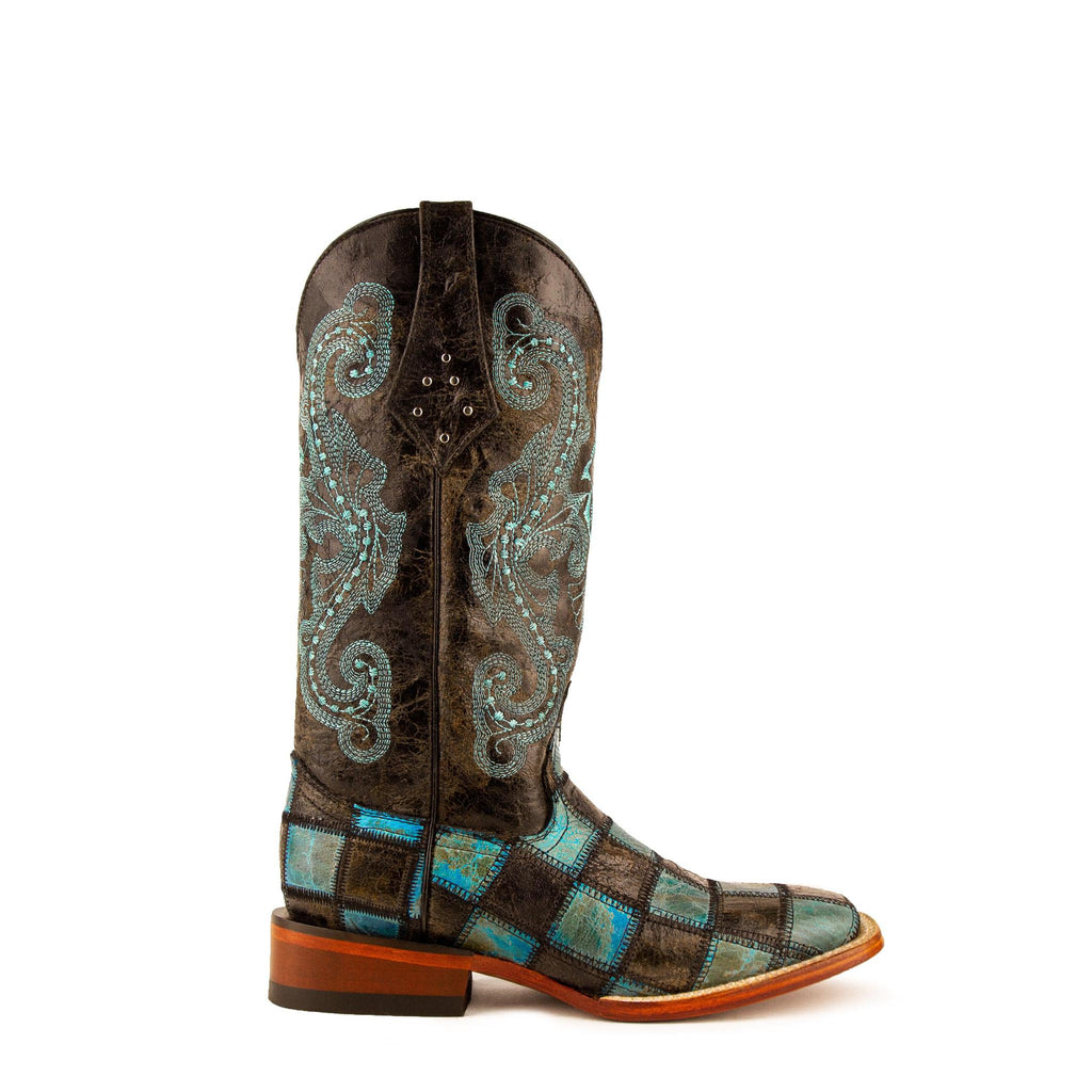 Ladies Patchwork Blk/Teal S-Toe