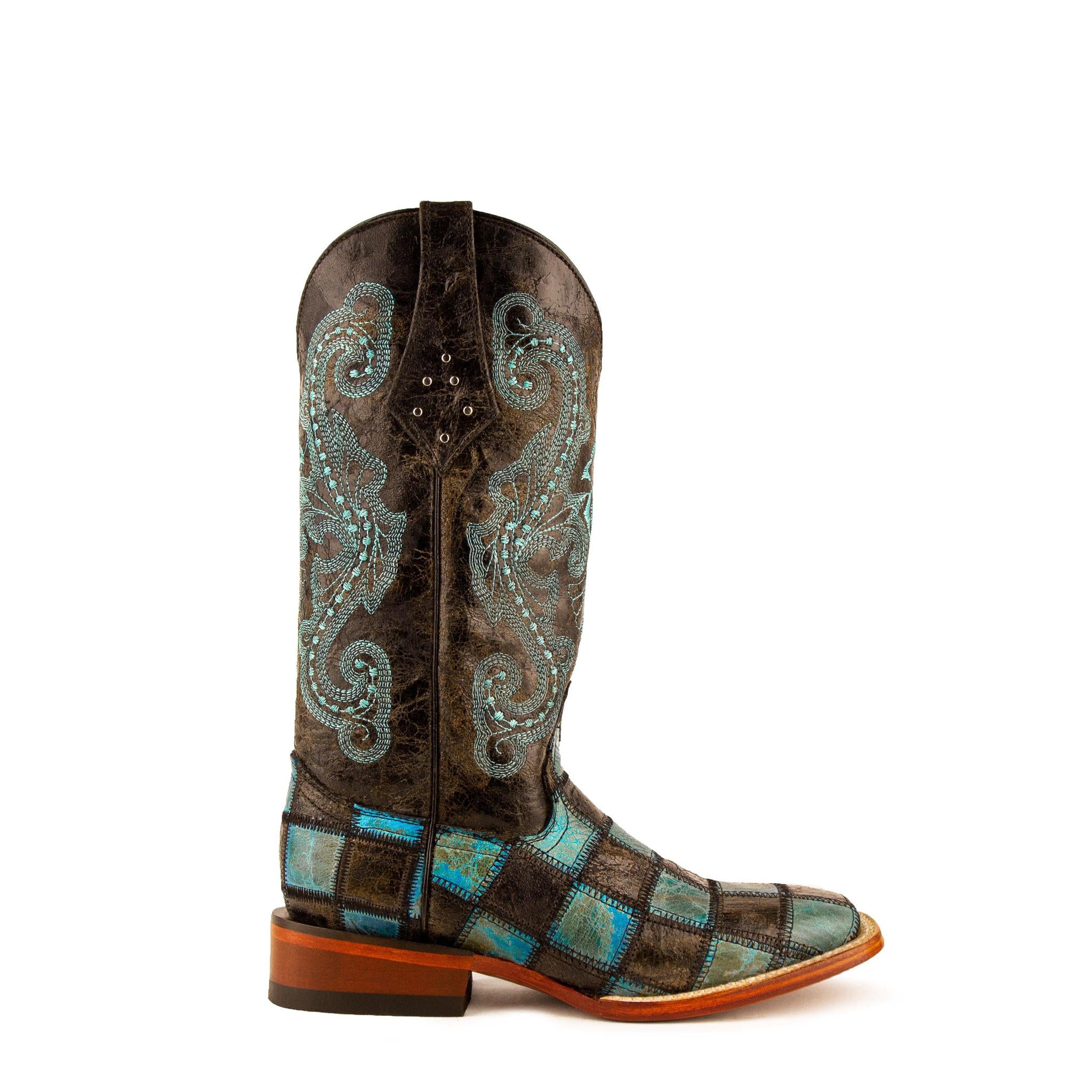 Ladies Patchwork Blk/Teal S-Toe