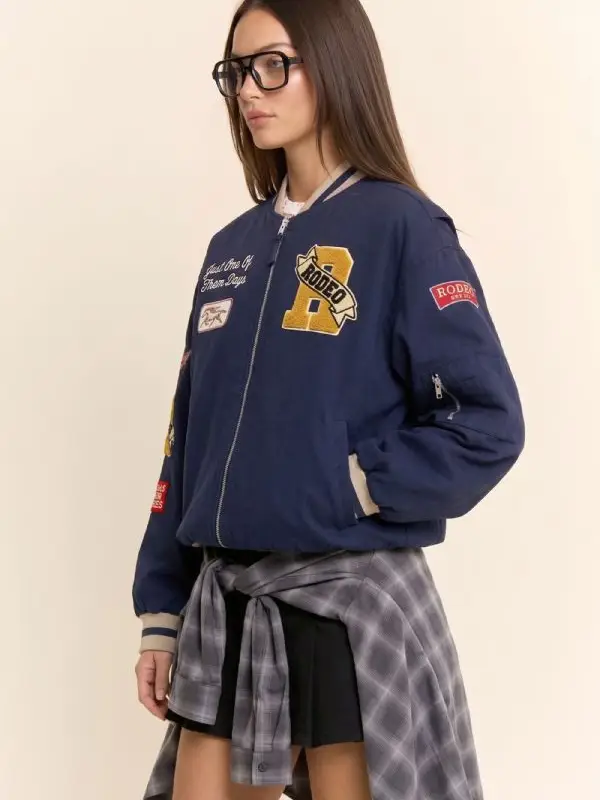 Western Varsity Patch Bomber Jacket - SLATE INK BLUE