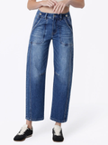 High Rise Side Buttons Double Pockets Barrel Jeans