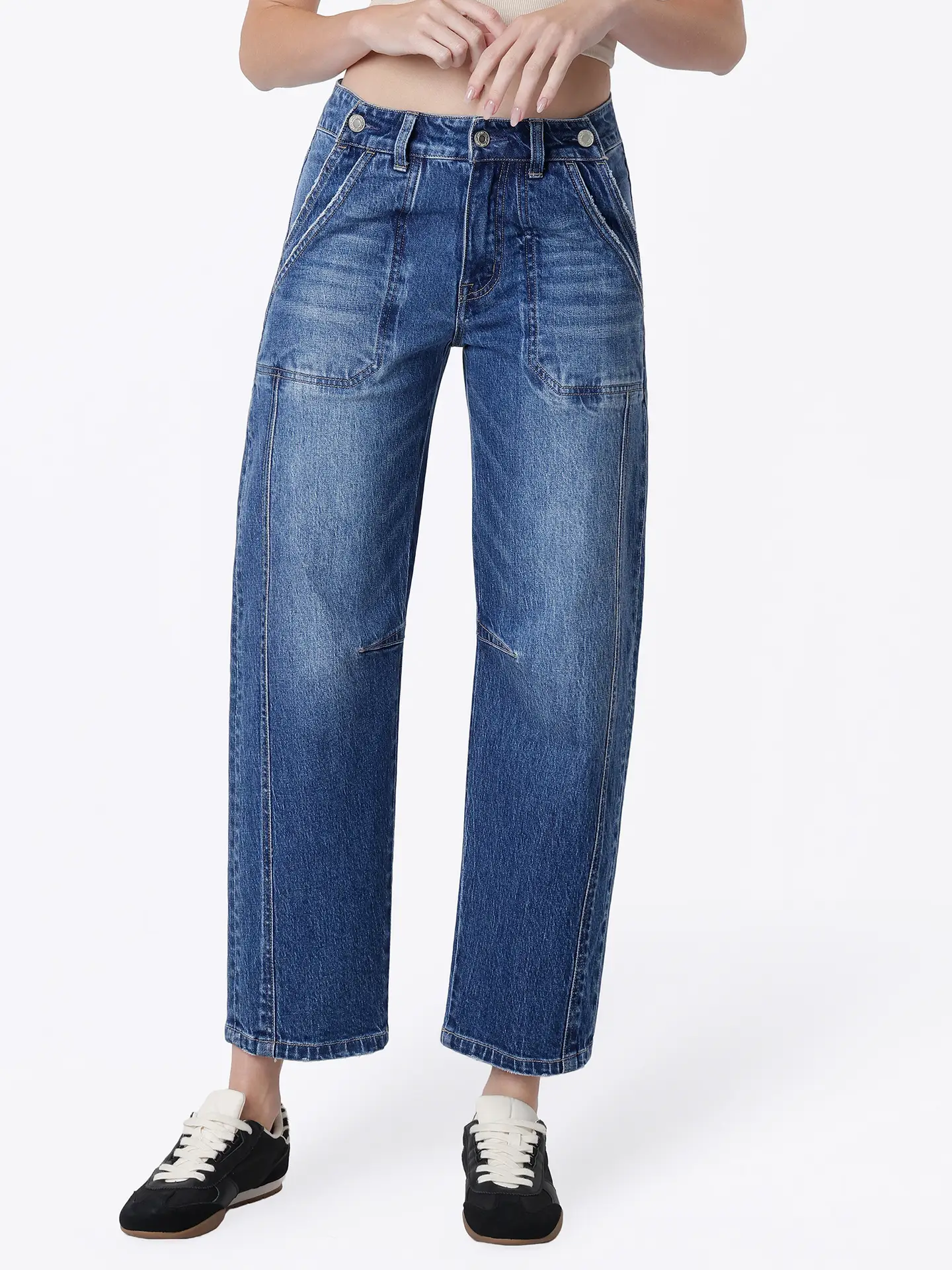 High Rise Side Buttons Double Pockets Barrel Jeans