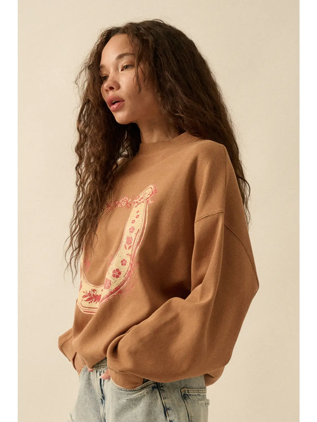 Floral Horseshoe Oversize Thermal Graphic Top