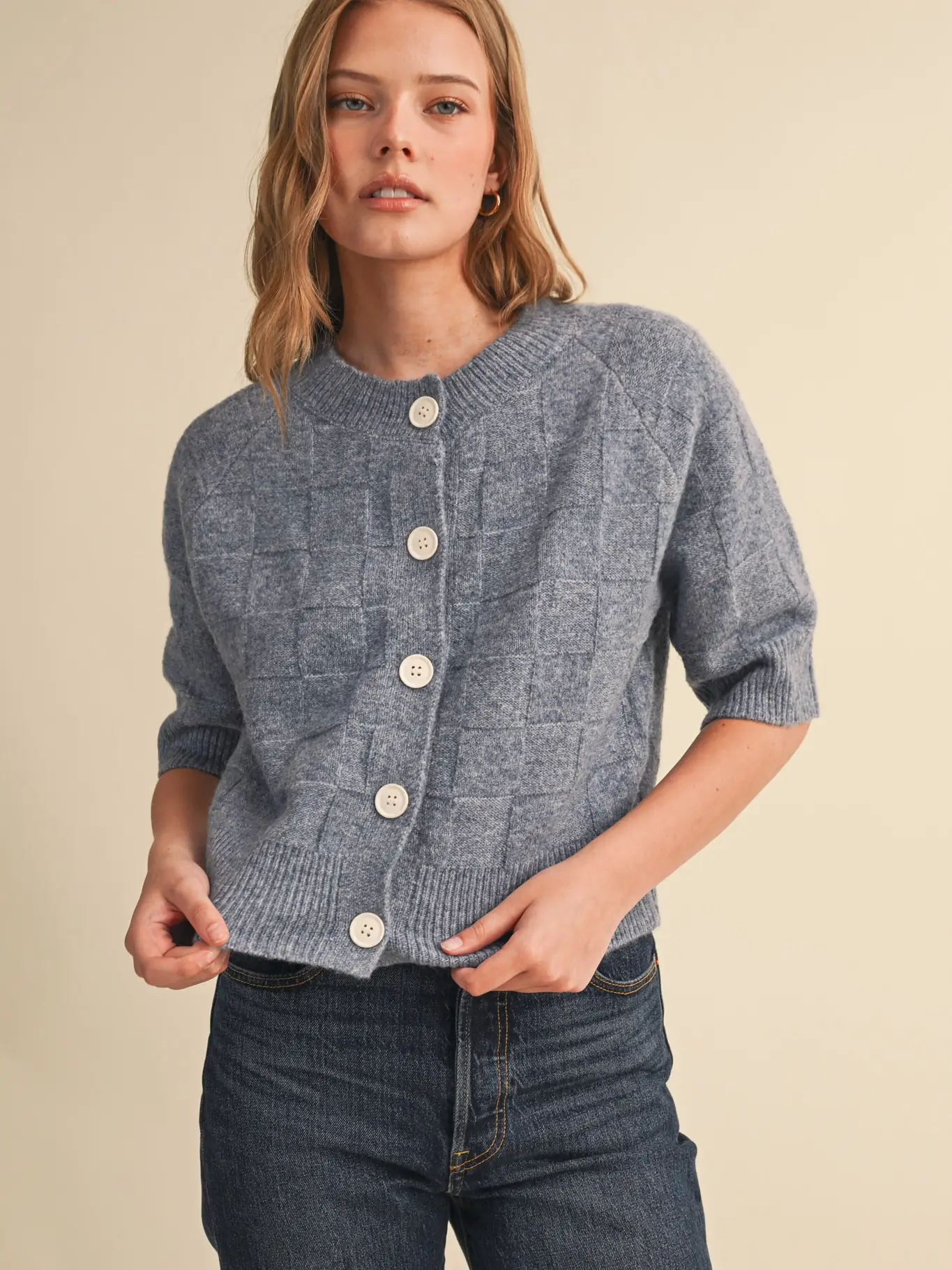 Basket Weave Knit Short Sleeve Sweater Cardigan - MULTIPLE COLORS