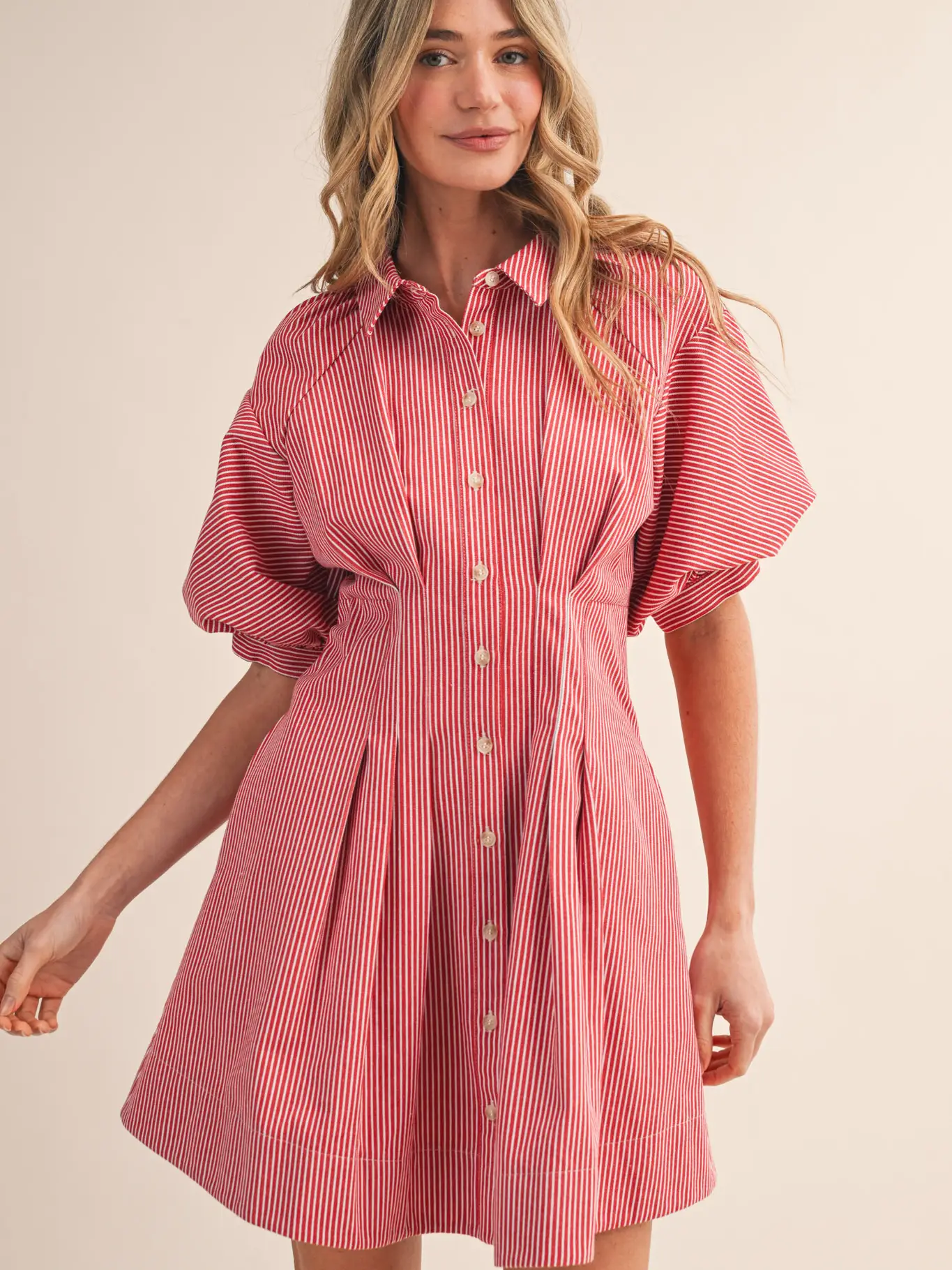 Striped Pleated Waist Button Down Mini Dress - RED STRIPE