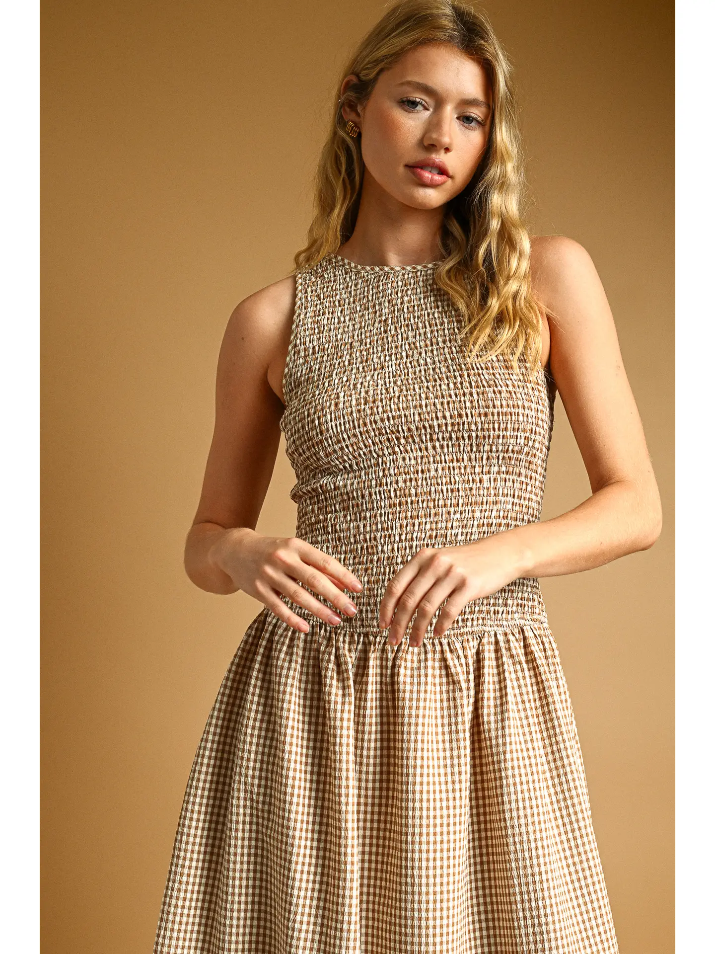 Mini Gingham Pattern Sleeveless Long Dress - MOCHA