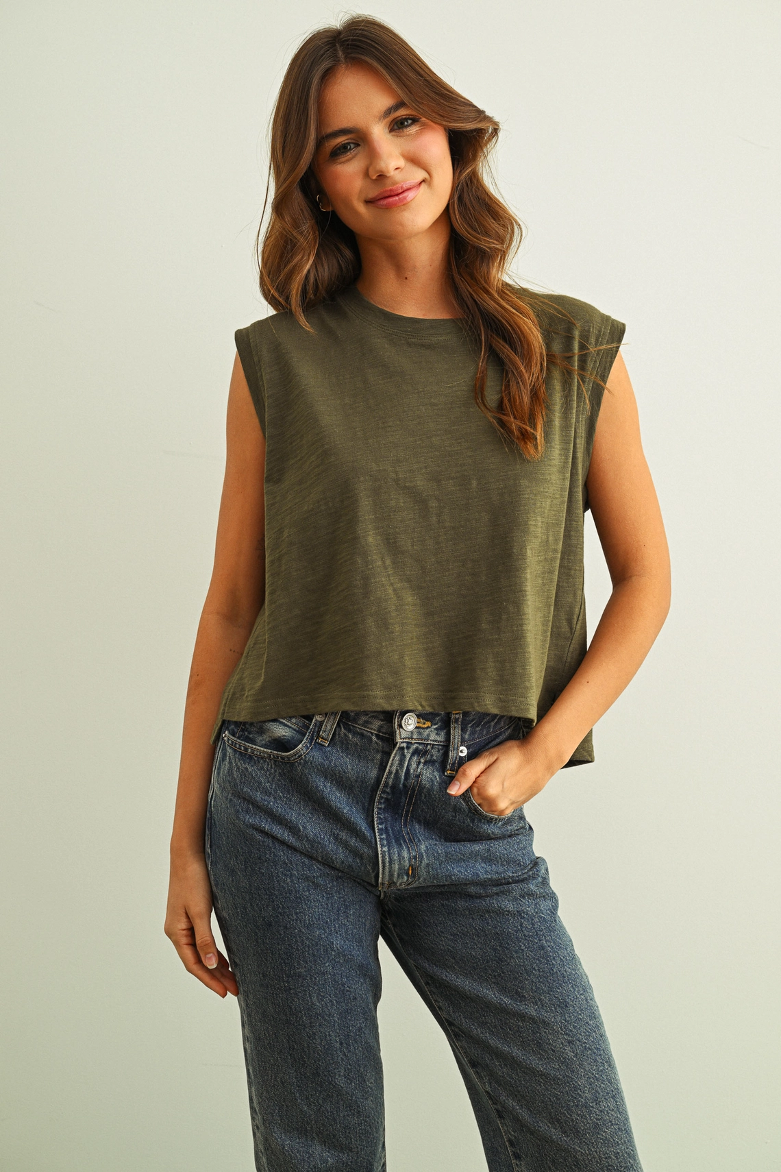Round Neck Slub Top - Olive