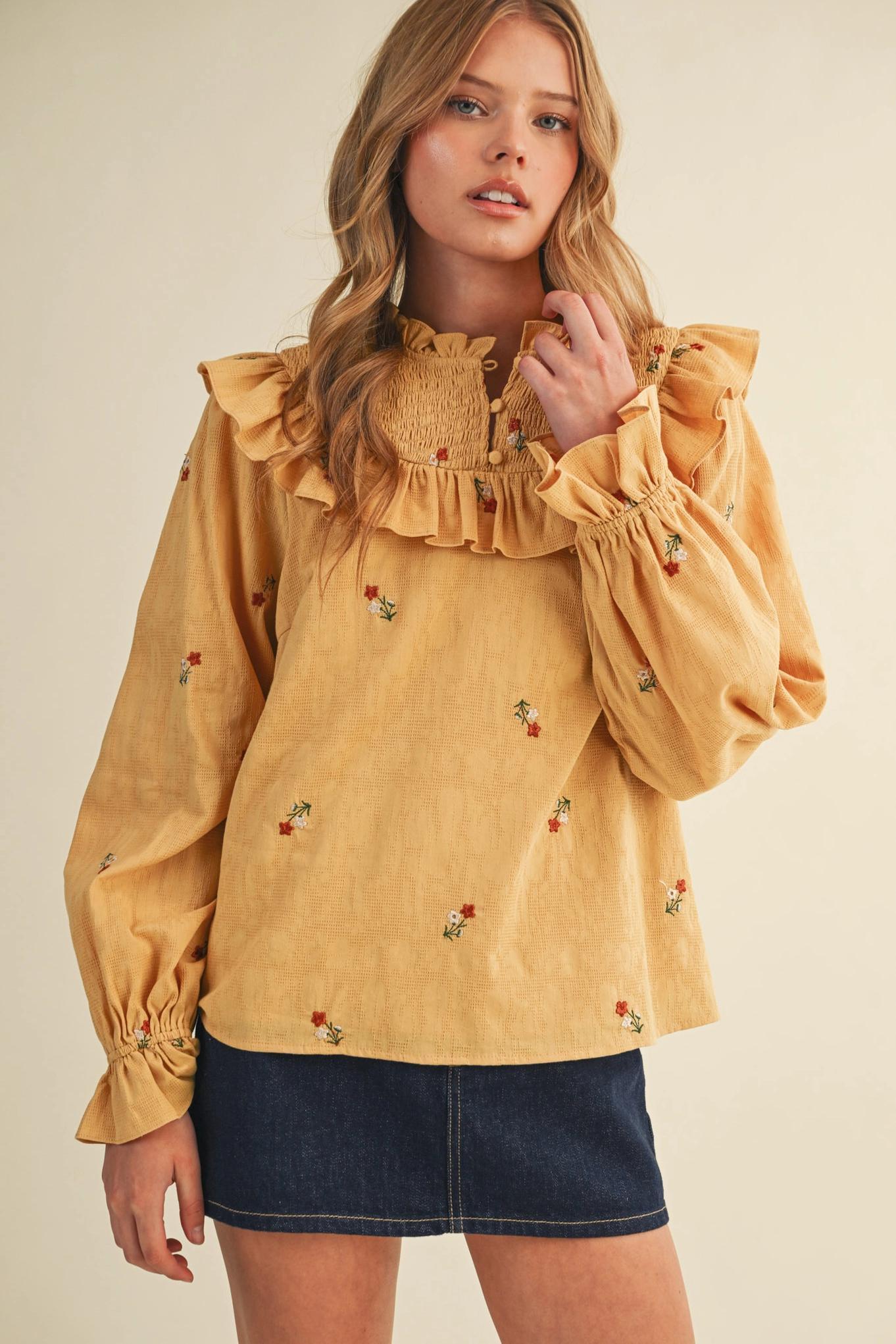 Ruffled Smocked Yoke Embroidered Blouse