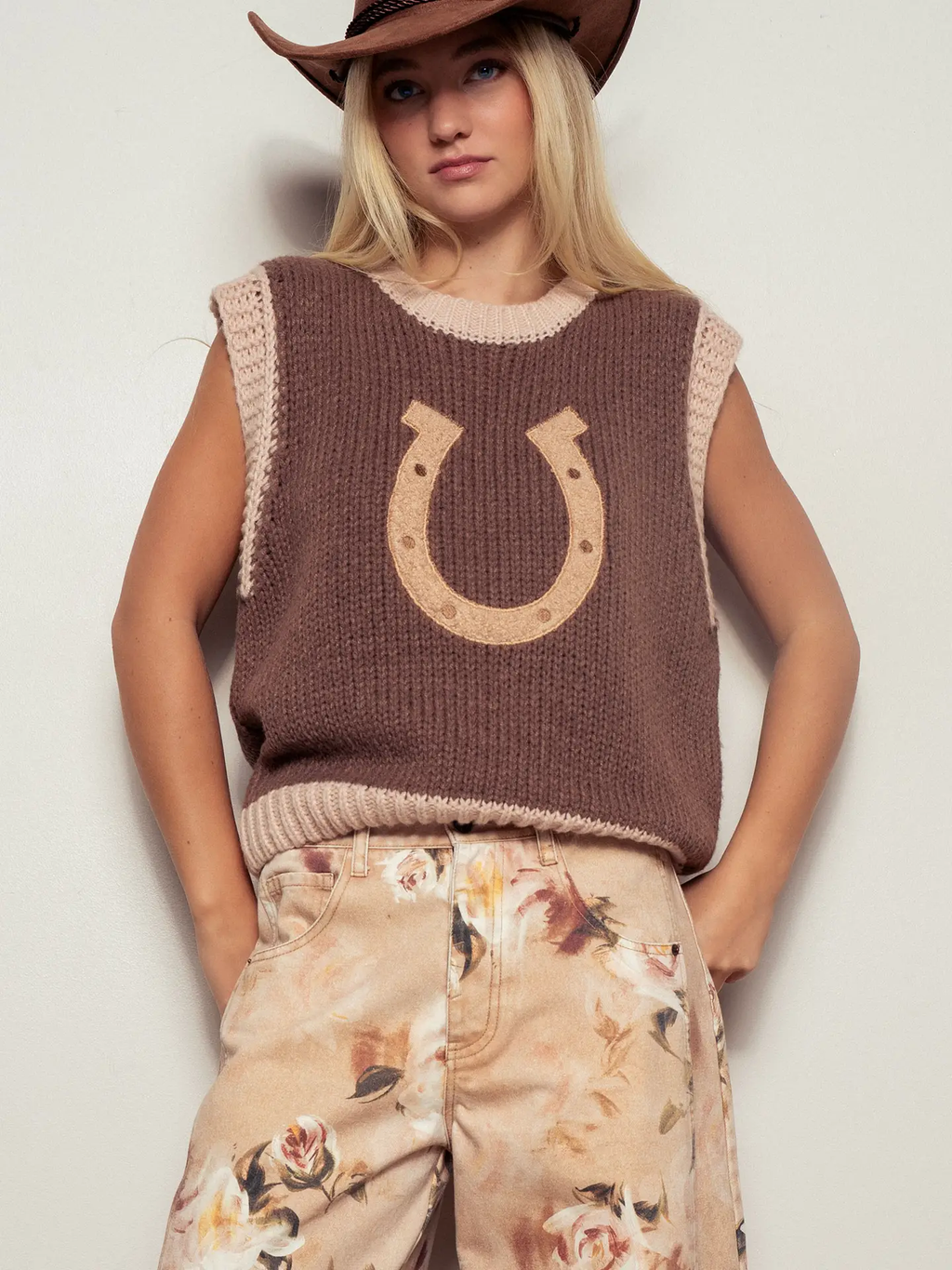 Western Horseshoe Crochet Knit Ribbed Trim Sweater Vest - BROWN
