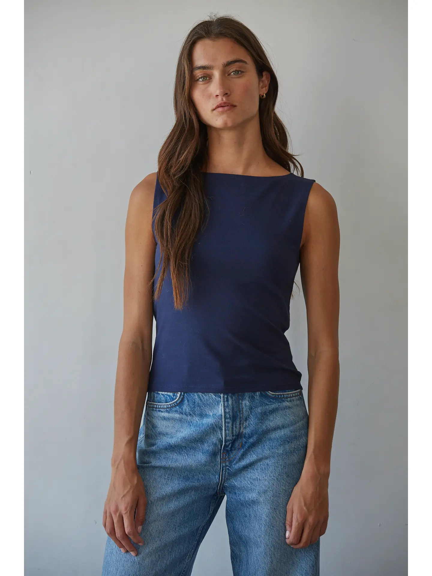 Knit Cotton Spandex Boat Neck Sleeveless Top