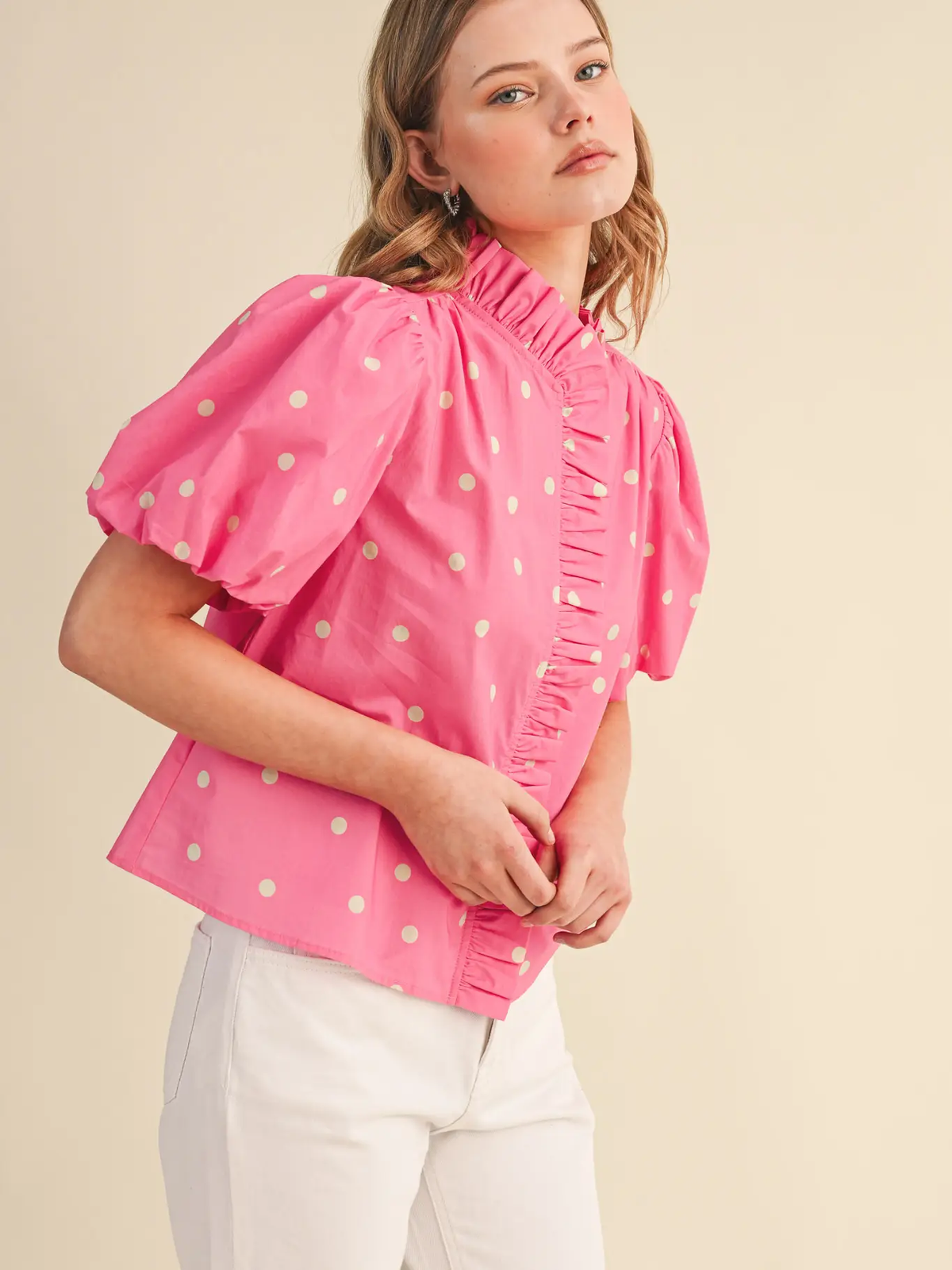Polka Dot Ruffled Button Down Top - PINK