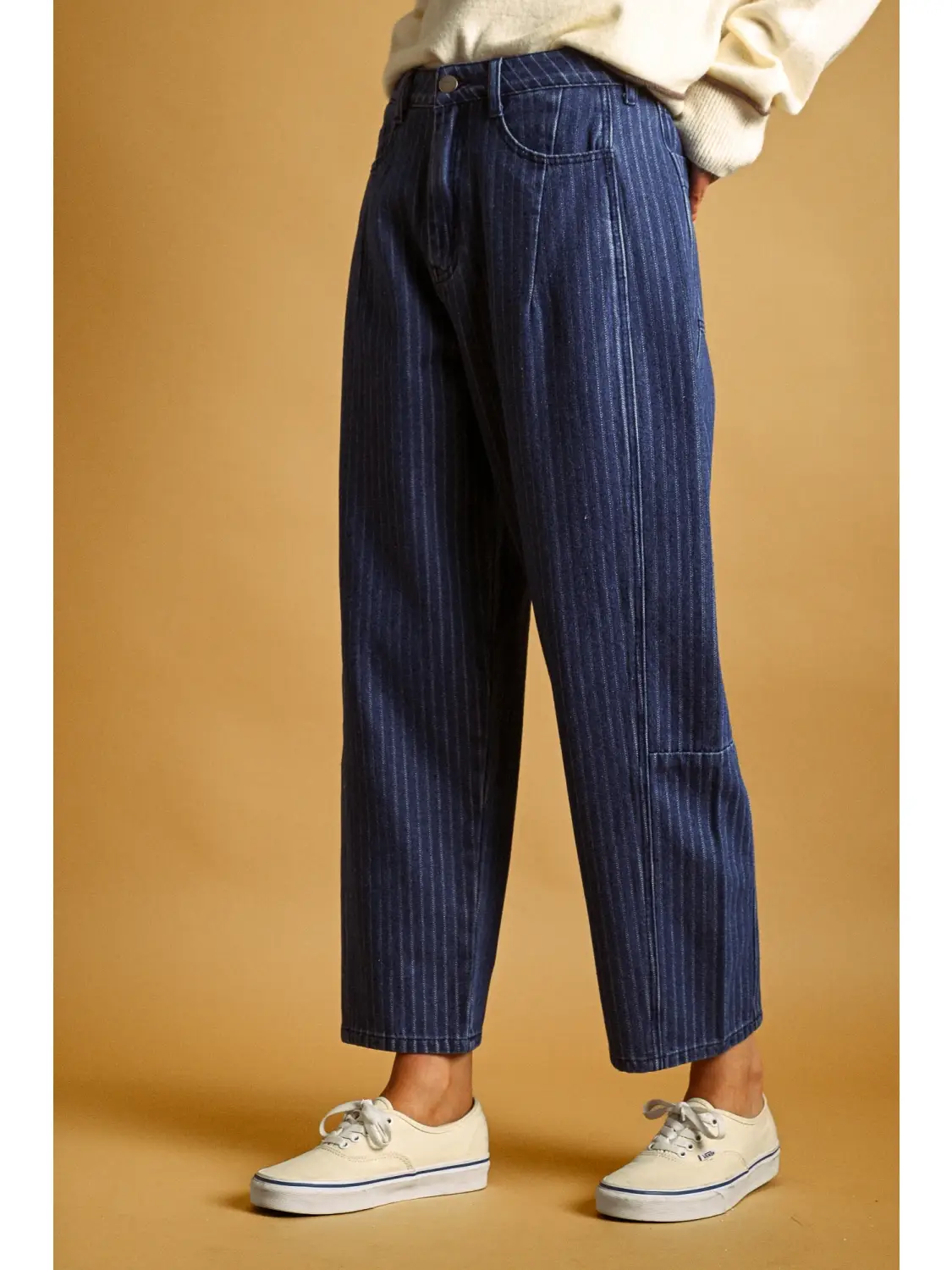 Pinstriped Denim Barrel Pants