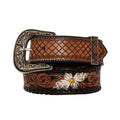 CHECKERED BROWN HAND-TOOLED LEATHER BELT S-4059