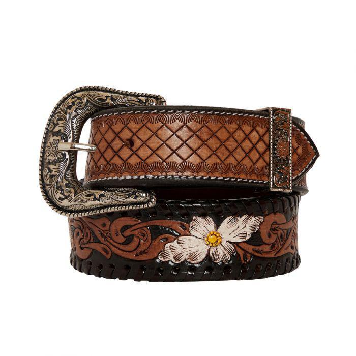 CHECKERED BROWN HAND-TOOLED LEATHER BELT S-4059