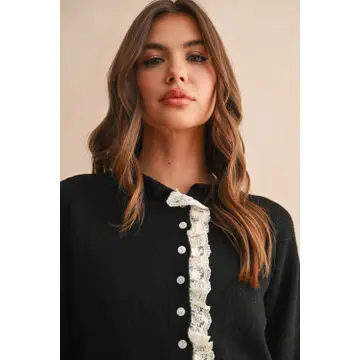 Button Front Lace Trim Knitted Cardigan - BLACK