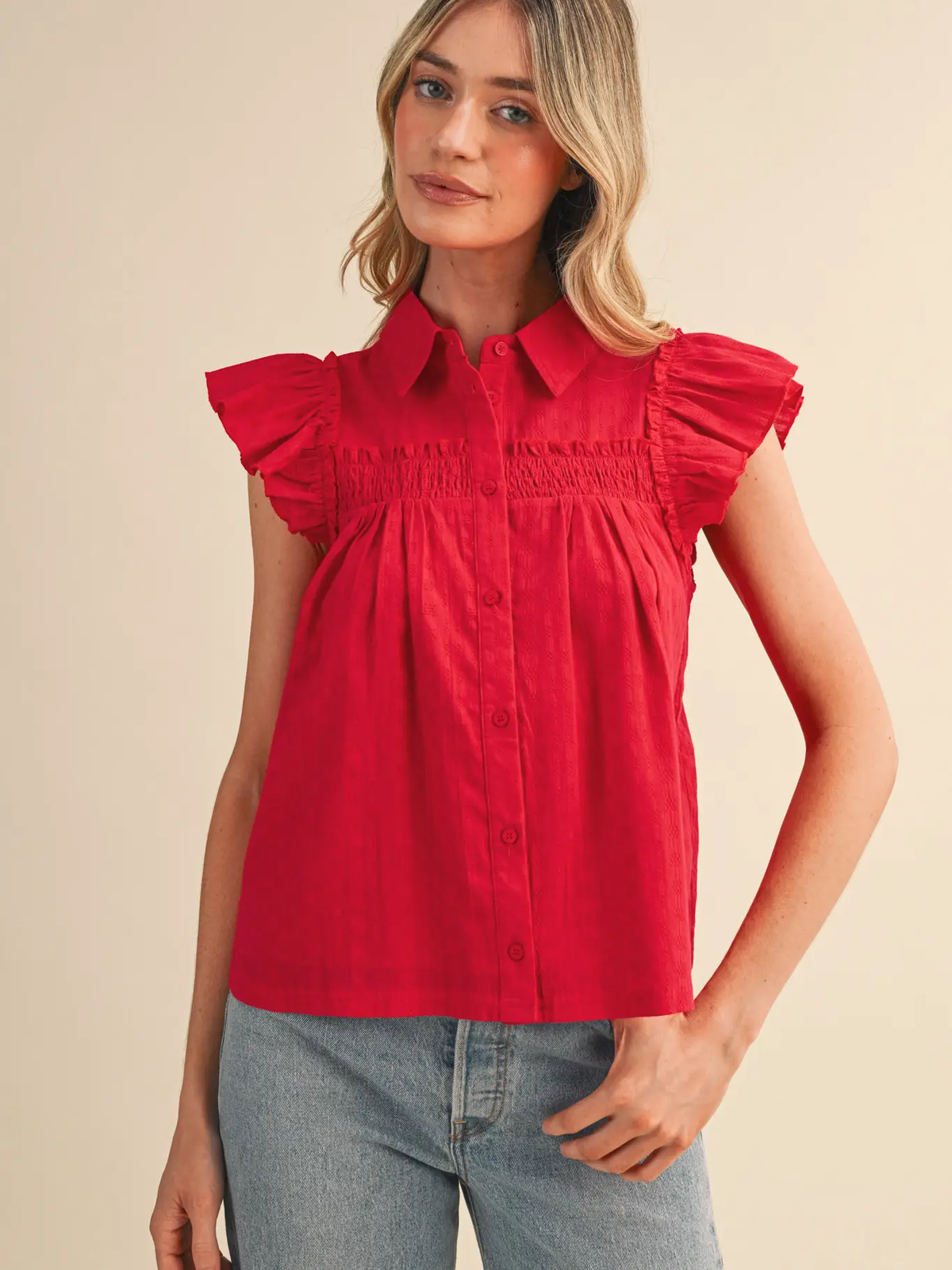 Ruffle Trim Button Down Top - RED
