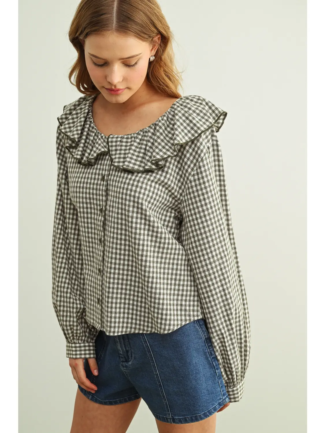 Mini Gingham Ruffled Collar Blouse - OLIVE/WHITE