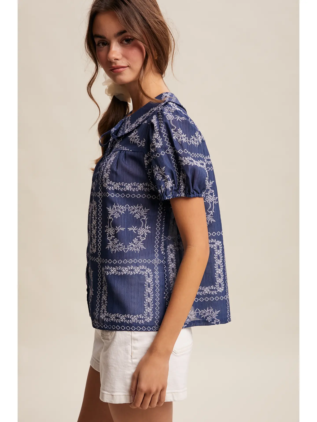 Embroidered Eyelet Puff Sleeve Blouse - NAVY