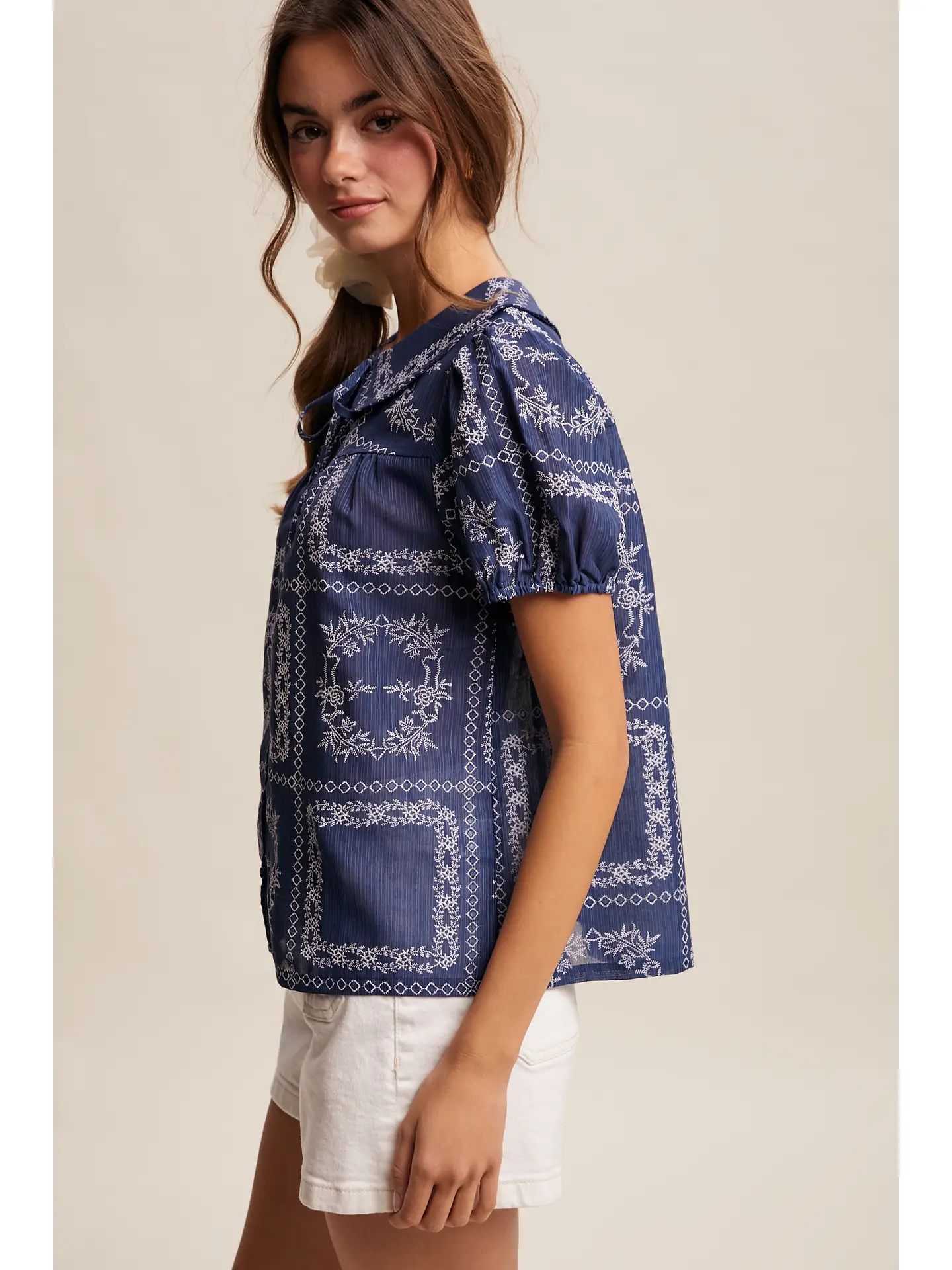 Embroidered Eyelet Puff Sleeve Blouse - NAVY
