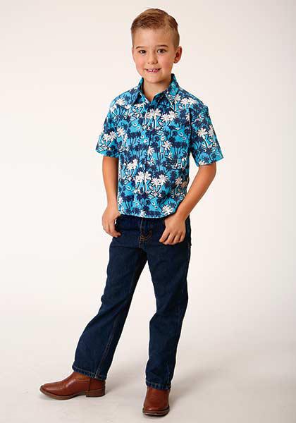 BOYS S/S SHIRT PERFORMANCE Y/D ALLOVER PRINT - SNAP 00722 BEACH HORSESHOES PRINT
