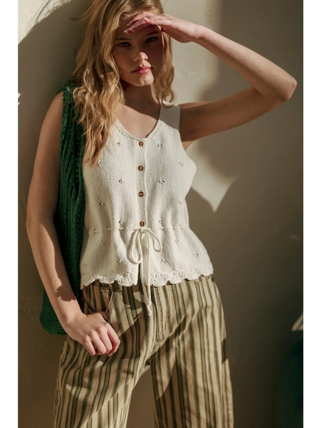 Sleeveless Button Front Scallope Hem Knit Top