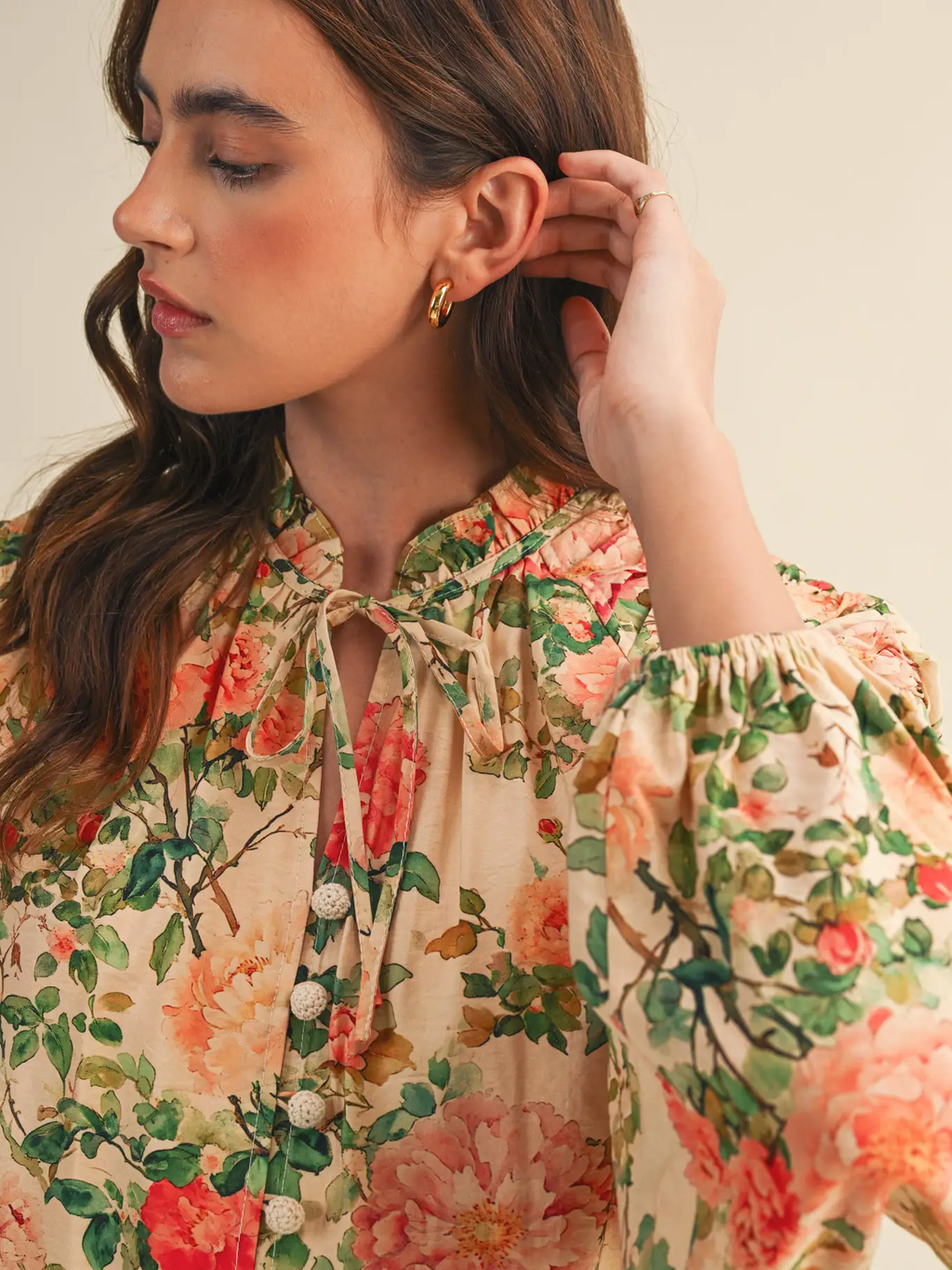 Floral Ruched Button Down Blouse - PEACH