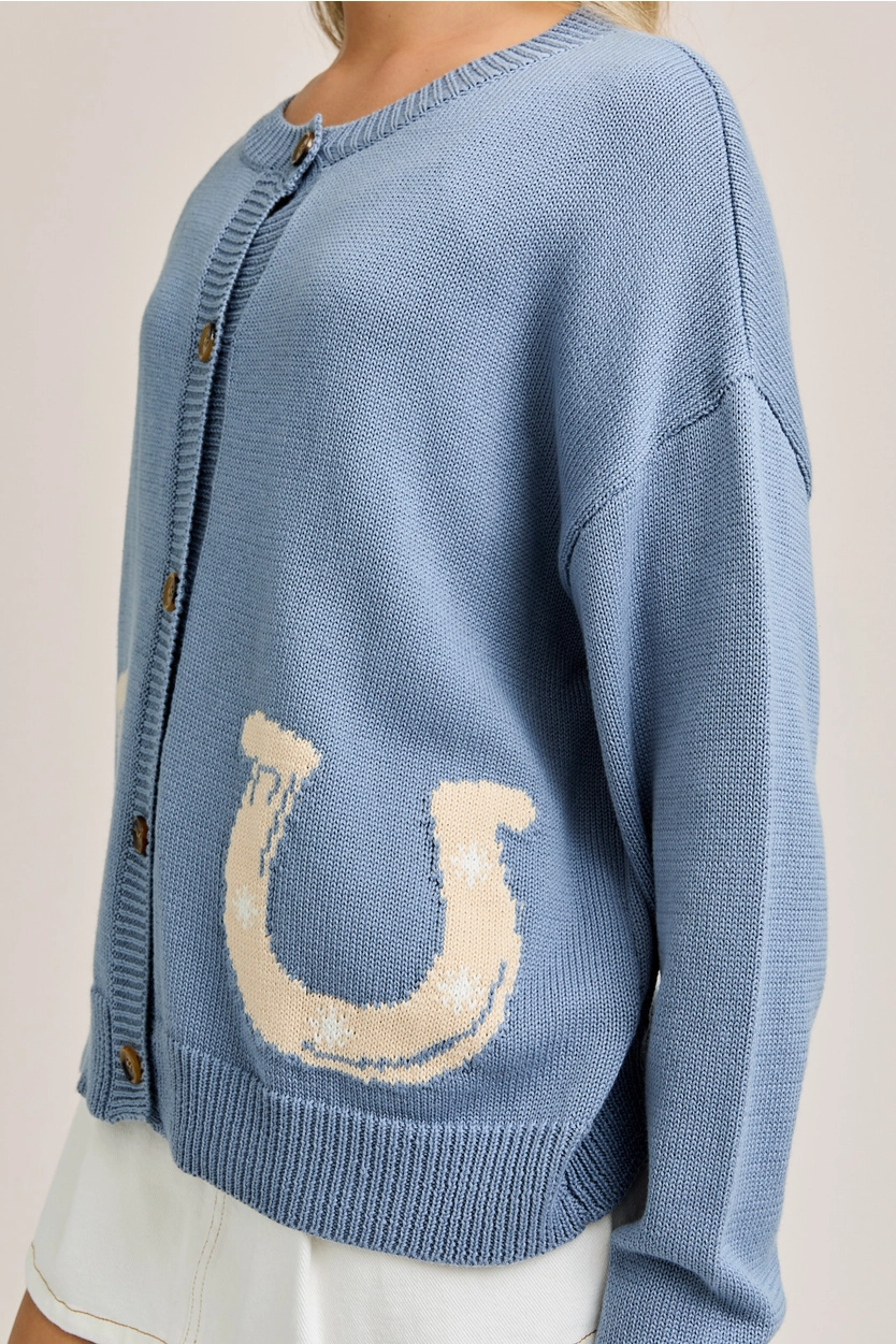 "Horseshoe" Graphic Long Sleeve Round Neck Cardigan