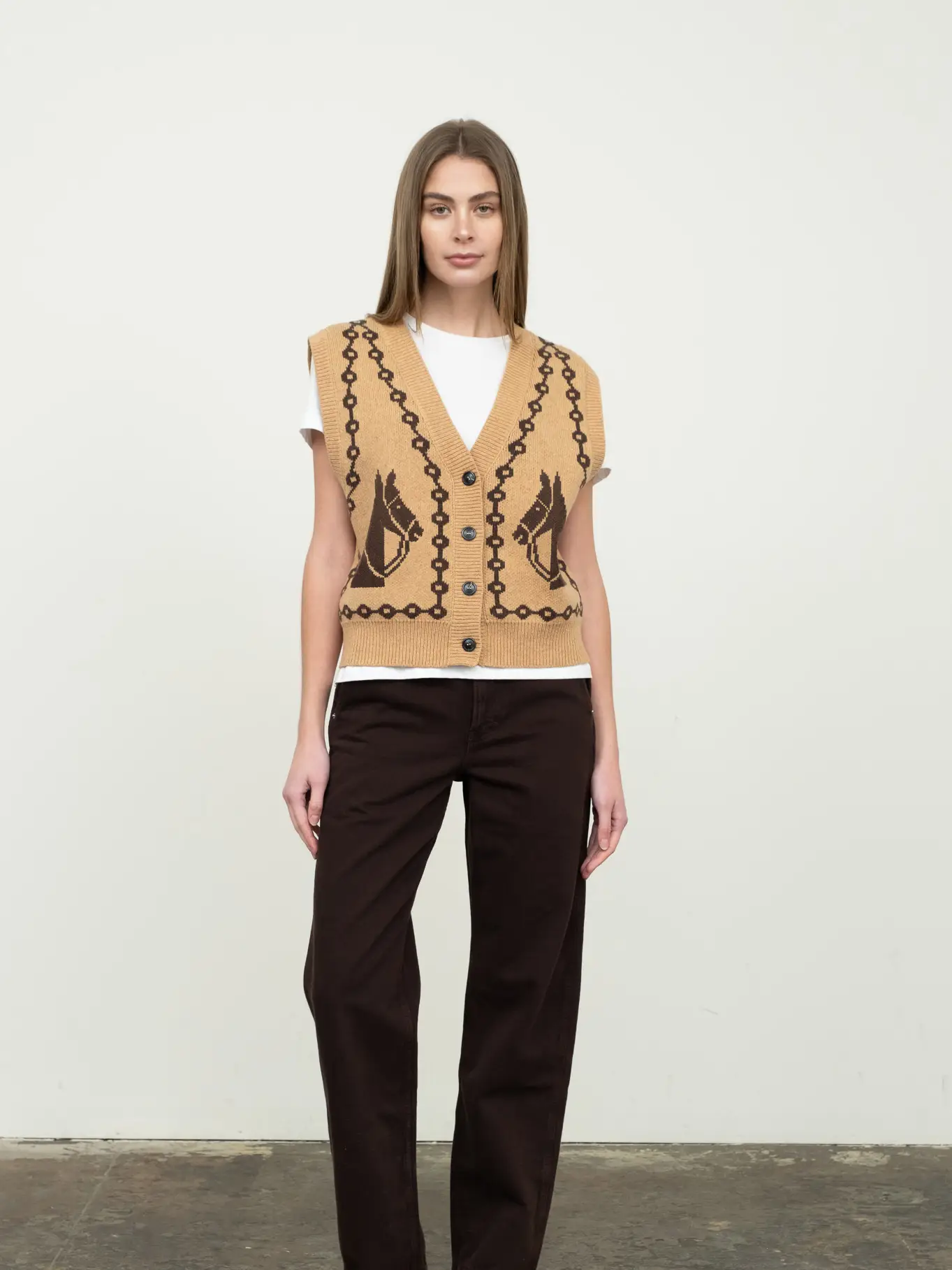 Jacquard Horse V-Neck Sleeveless Knit Vest