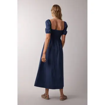 Puff Sleeve Midi Dress - NAVY