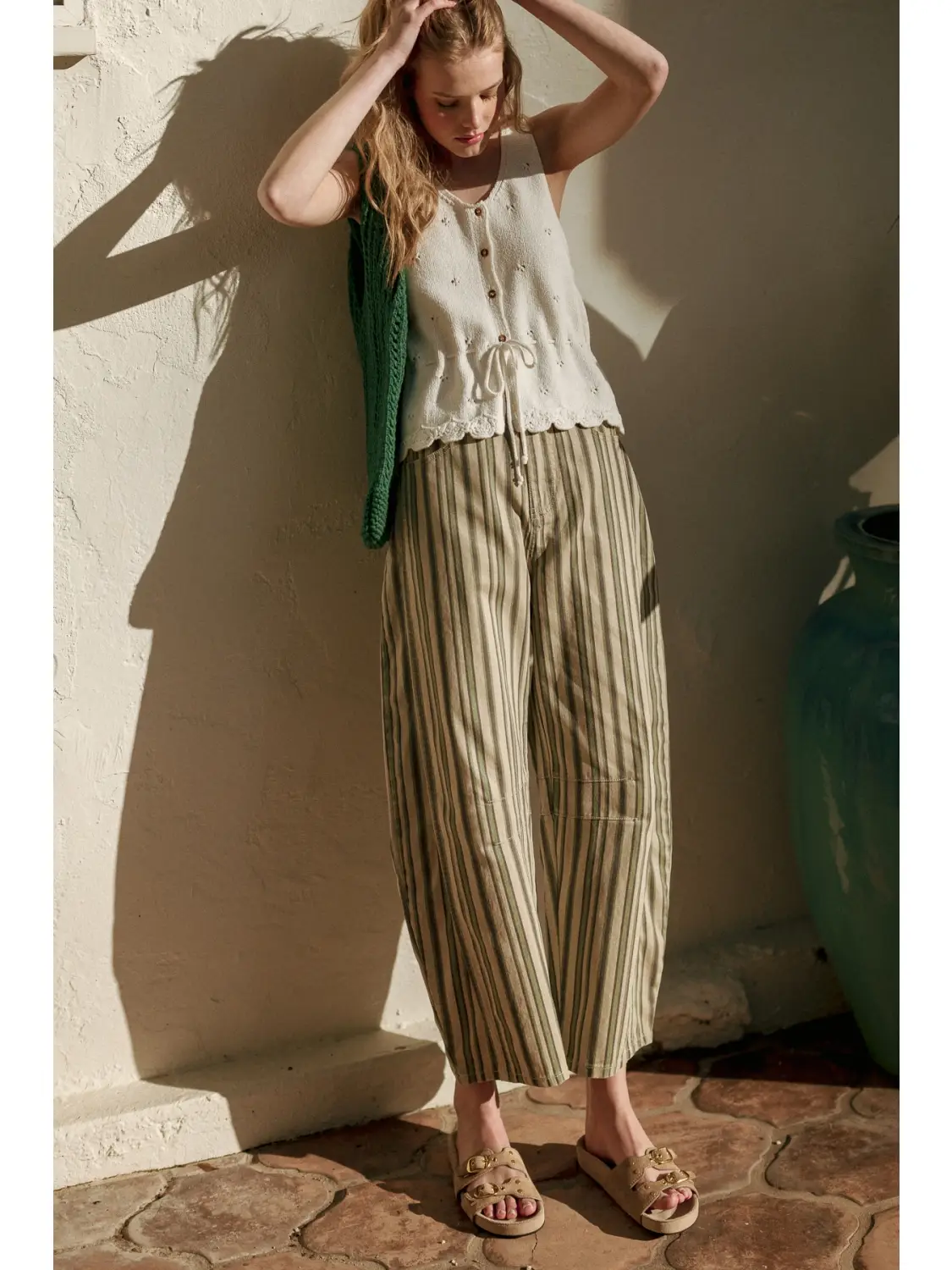 Multi Mix Stripe Printed Barrel Pants - GREEN MULTI