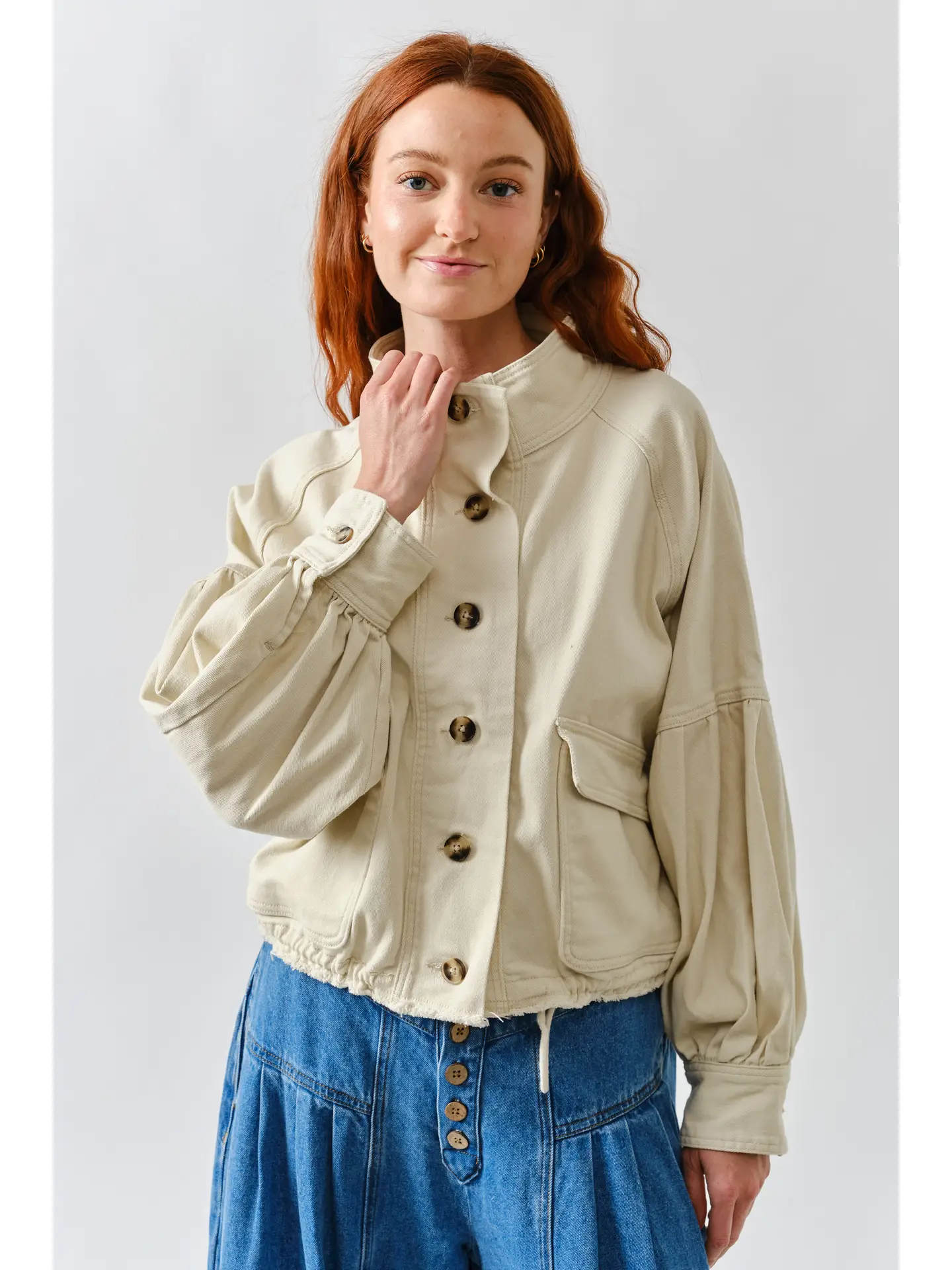 Ballon Sleeve Twill Jacket Drawsting Waist