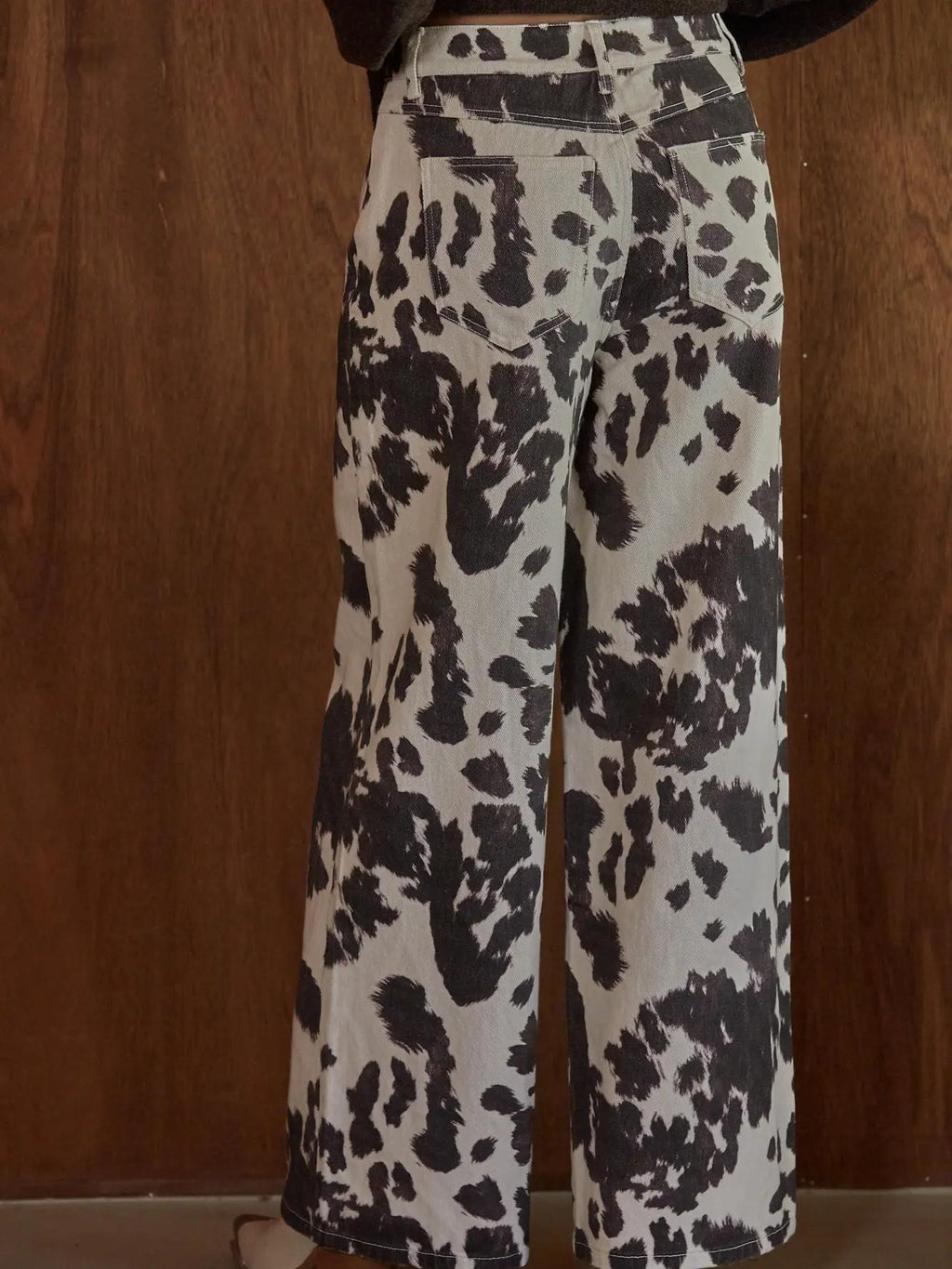 Woven Denim Cotton Animal Print Wide Leg Pants