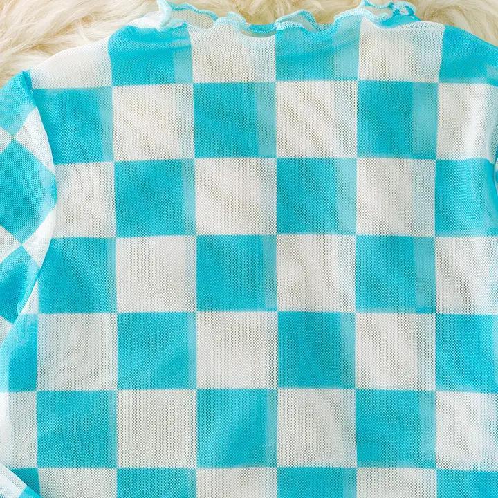 Aqua & White Checkered Mesh Top