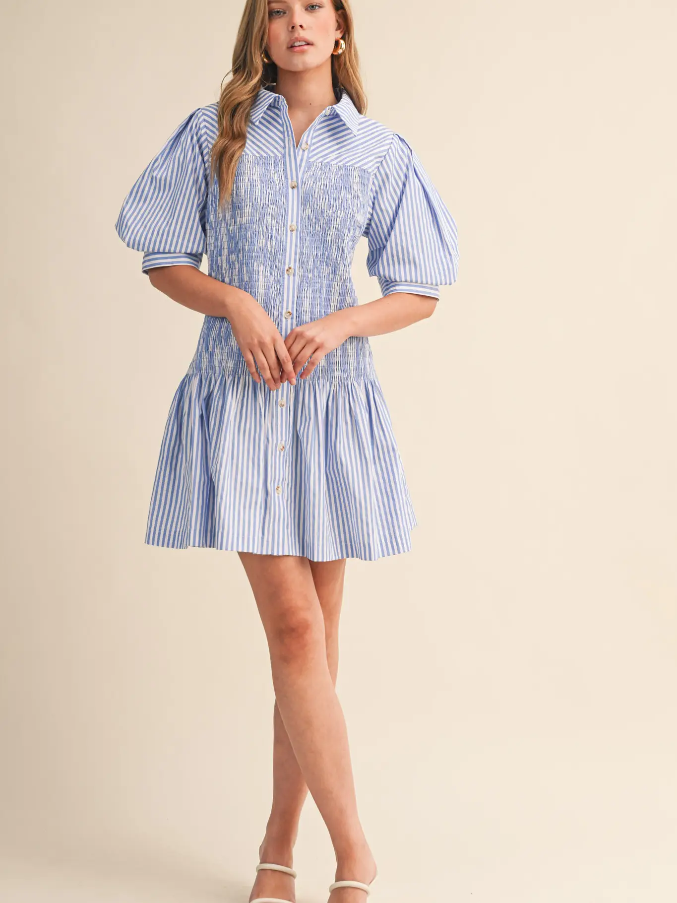 Striped Smocked Bodice Mini Dress - LT BLUE WHITE STRIPE
